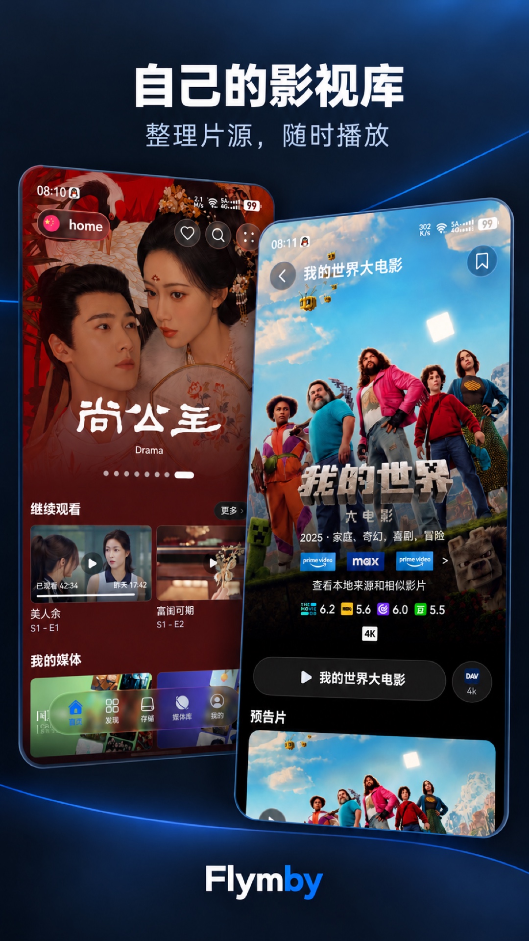 Flymby 鸿蒙版个人影视库宣传图，展示首页与影片详情